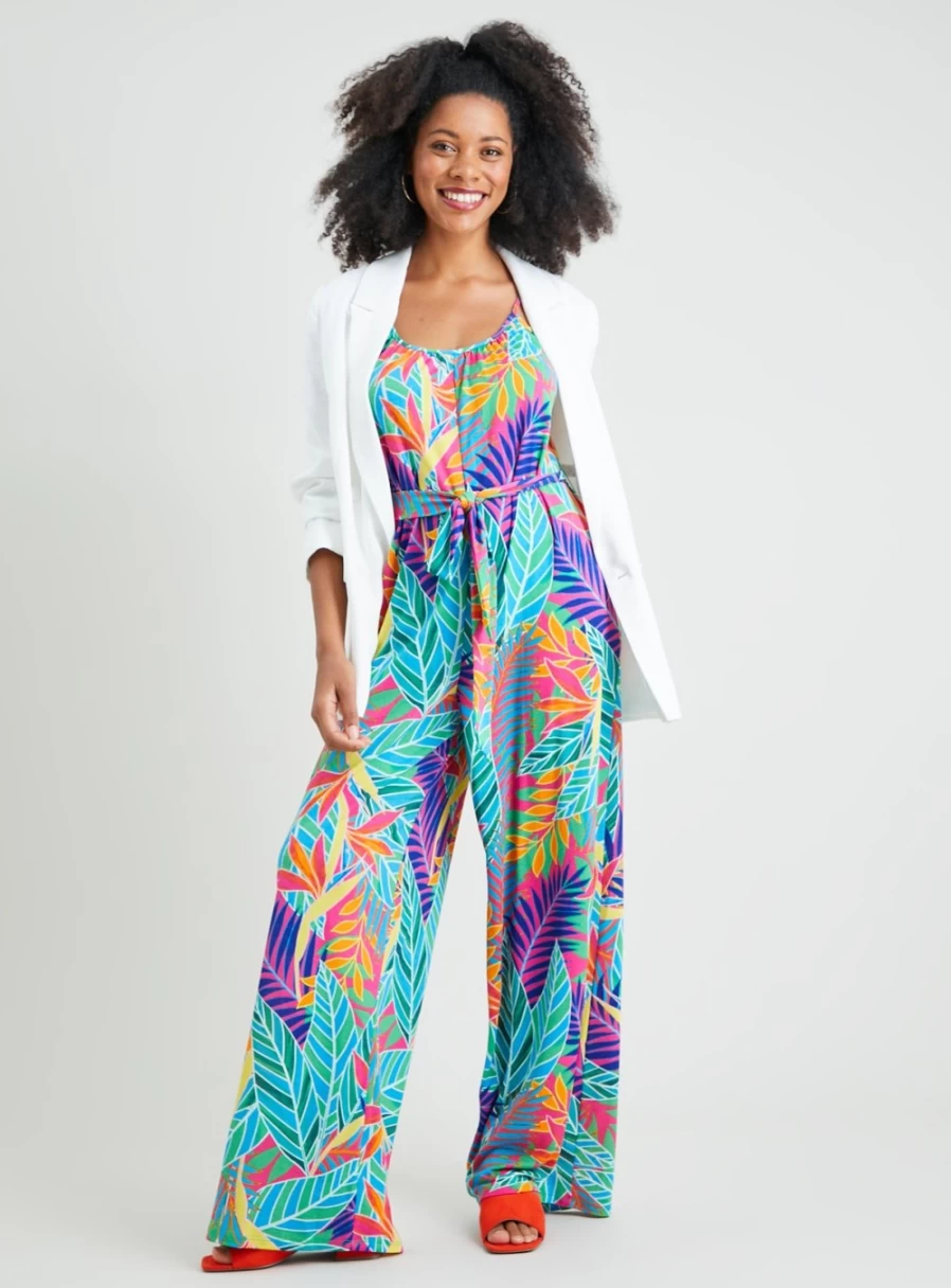 "Tu Women's Tropical Leaf Print Crinkle Jumpsuit - Stylish Summer Romper"