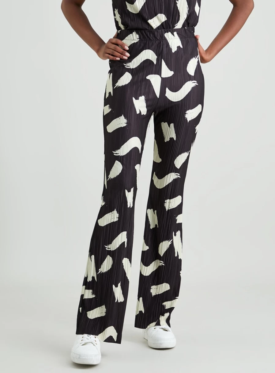 Tu Women's Brown Monochrome Wave Print Plissé High-Waisted Coordinated Trousers - Size 12
