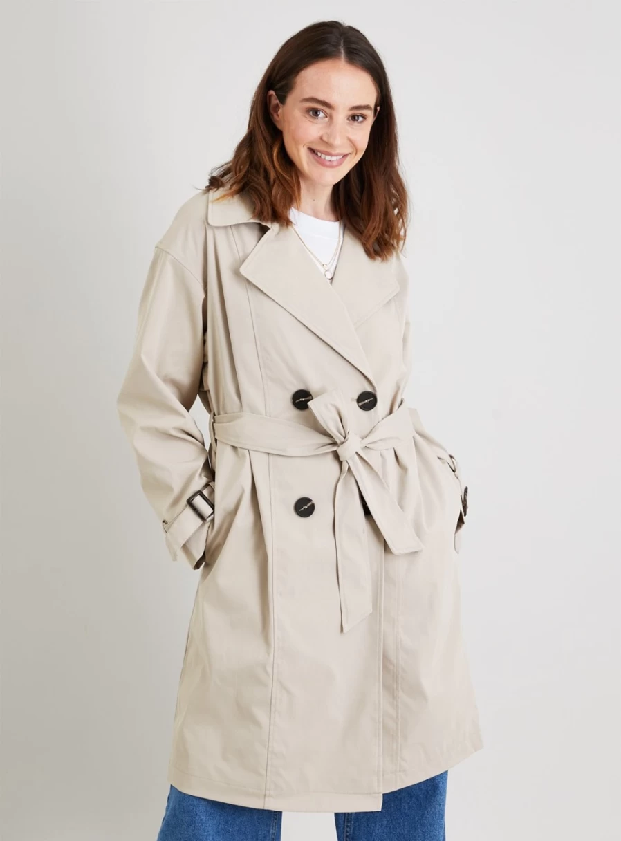 "Tu Women's Beige Trench Coat | Classic 12-Inch Waterproof Outerwear"