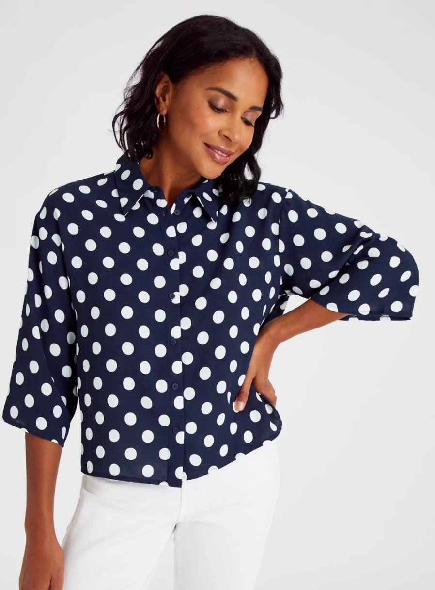 "Tu Women's Navy Spot Print Boxy Fit Shirt - Size 10"