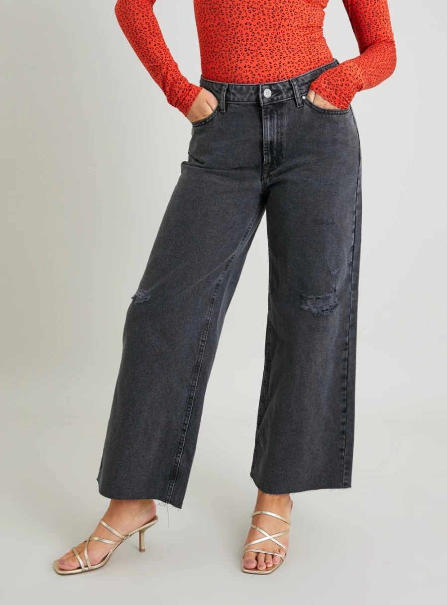 Women's Tu Charcoal Grey Distressed Wide Leg Jeans - 14S High Waist Comfort Stretch Denim
