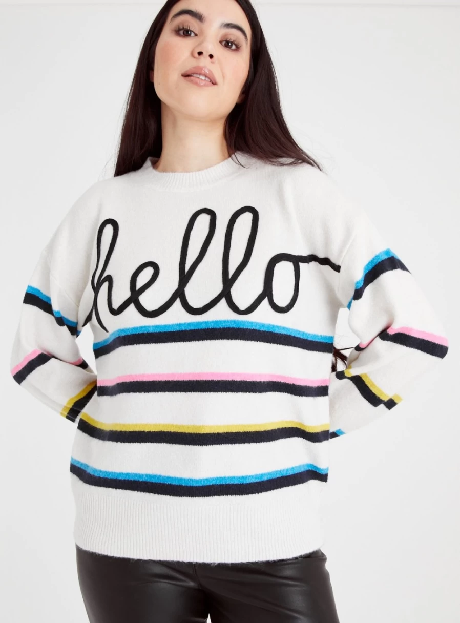Tu Women's Hello Slogan Stripe Jumper - Casual Knit Sweater