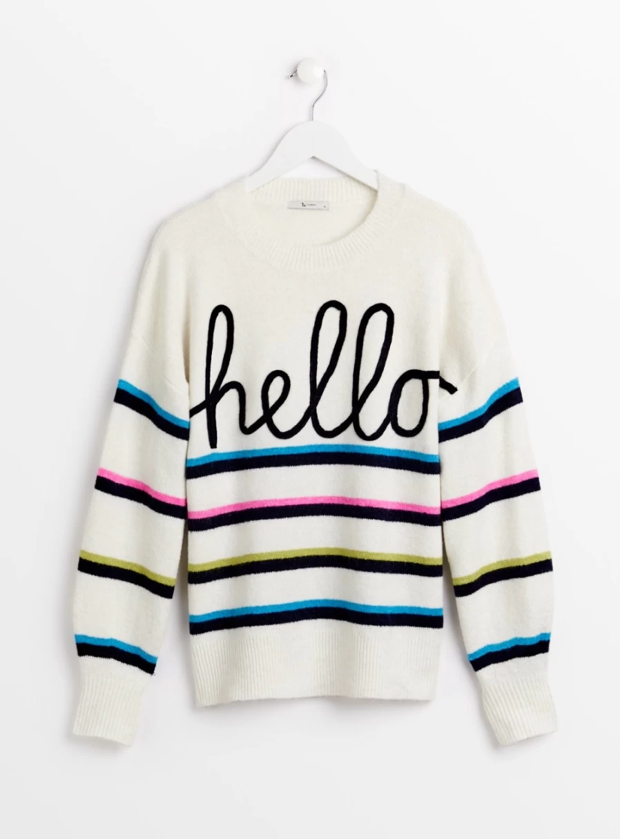 Tu Women's Hello Slogan Stripe Jumper - Casual Knit Sweater