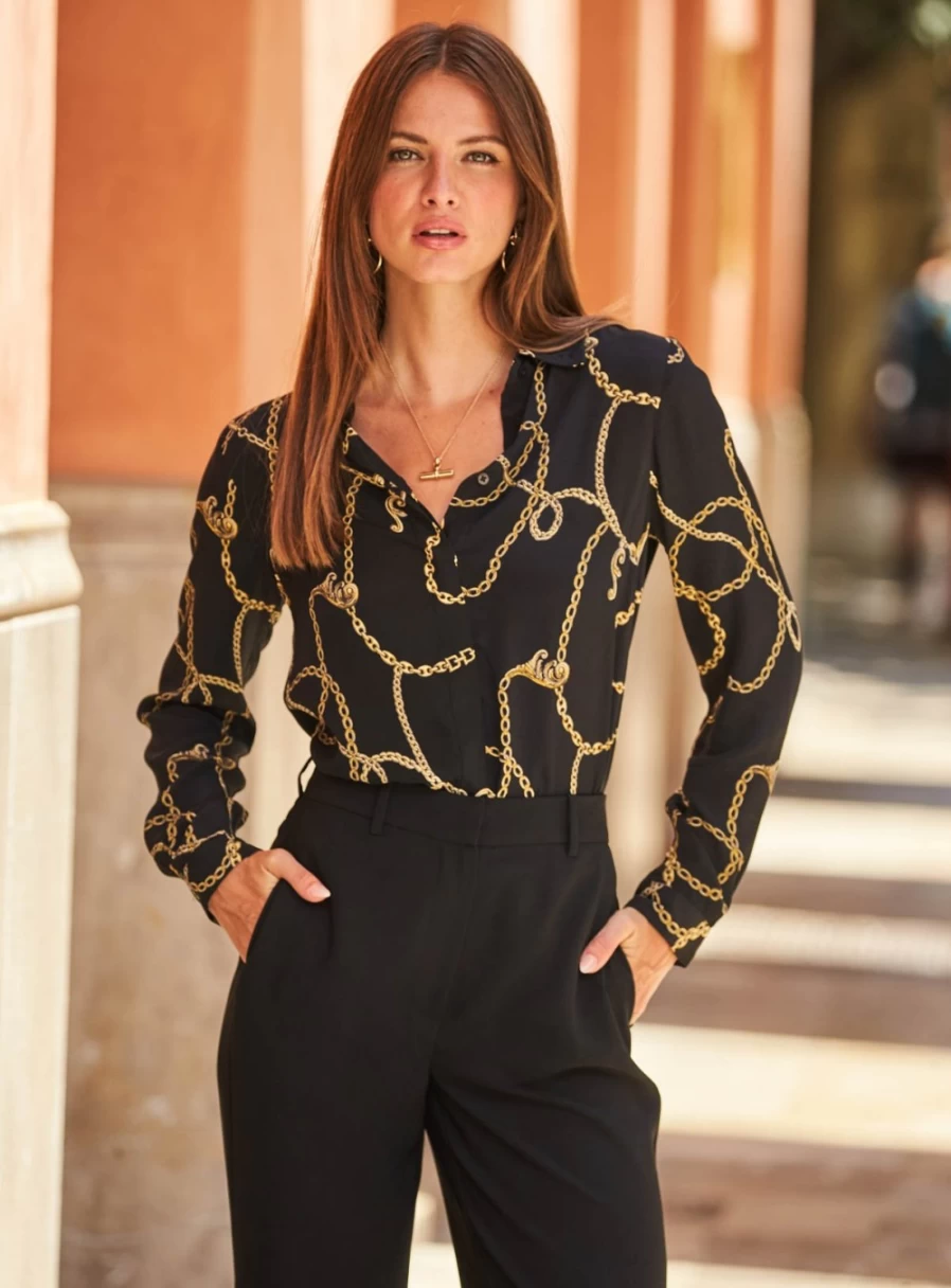 Sosandar Women's Black & Gold Chain Print Blouse - Stylish Elegant Shirt for Women