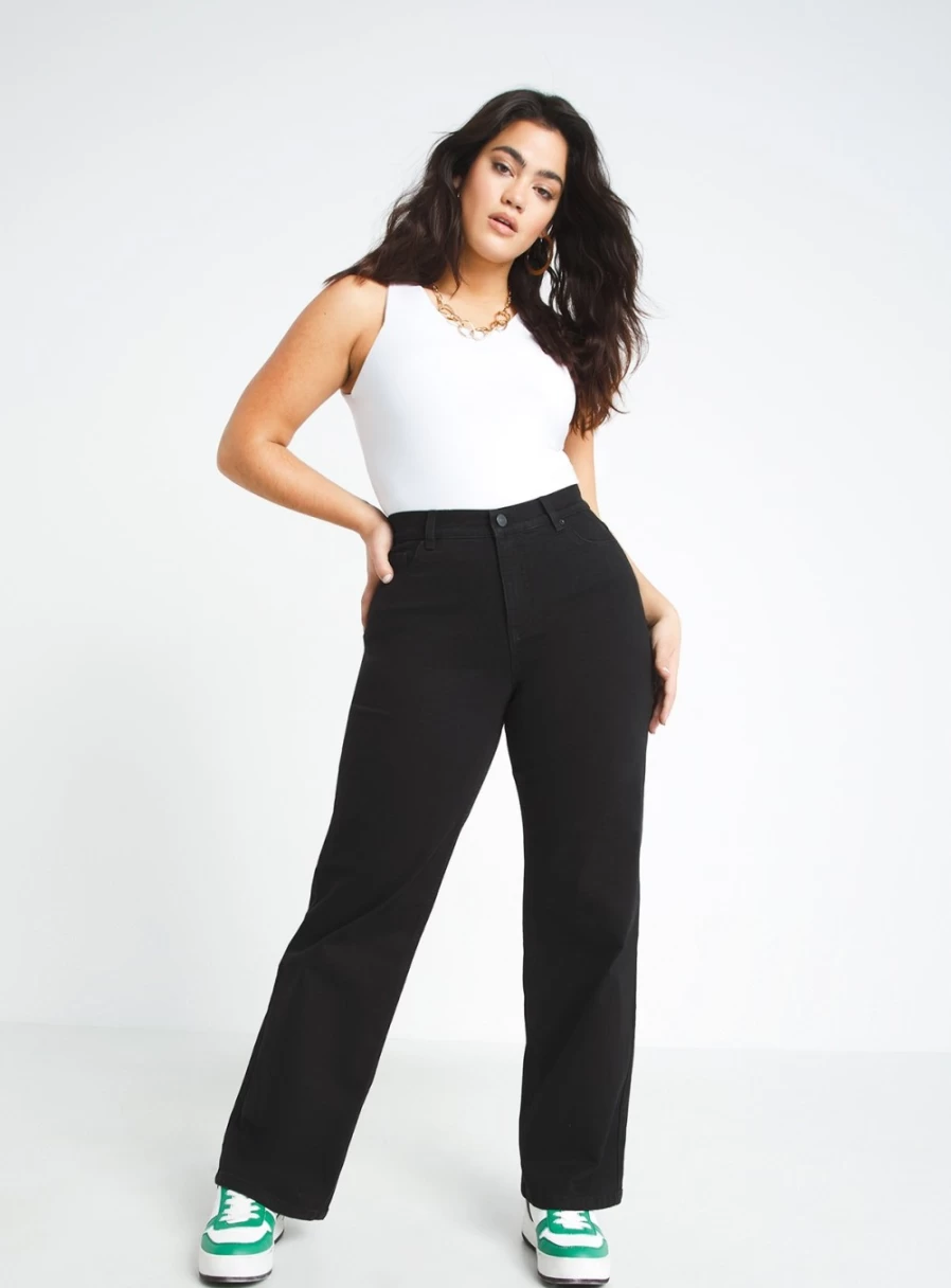 Simply Be Women's 24/7 Black Wide Leg Jeans - Size 32 Comfort Fit Stretch Denim Pants