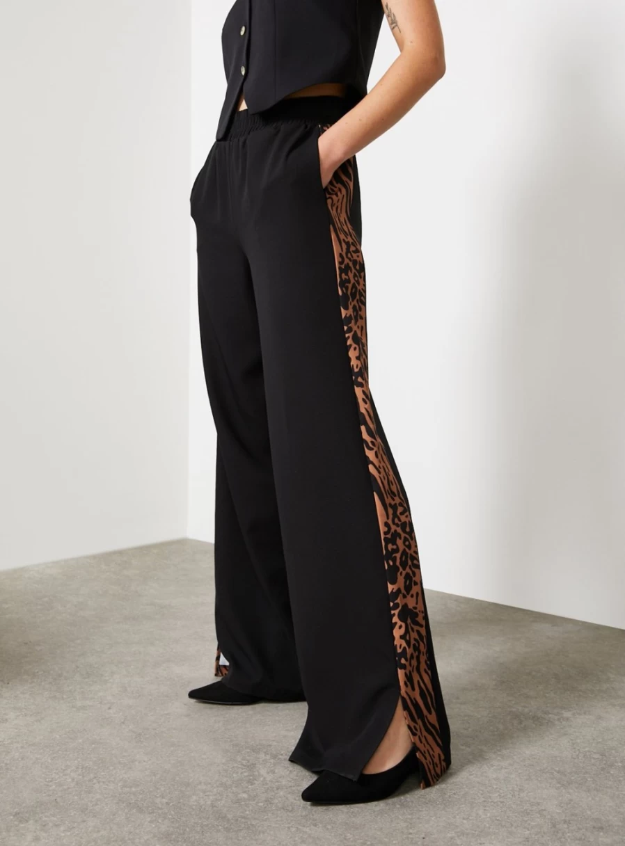 "For All The Love Women's Black Printed Wide Leg Pants with Side Stripe - Size 18"