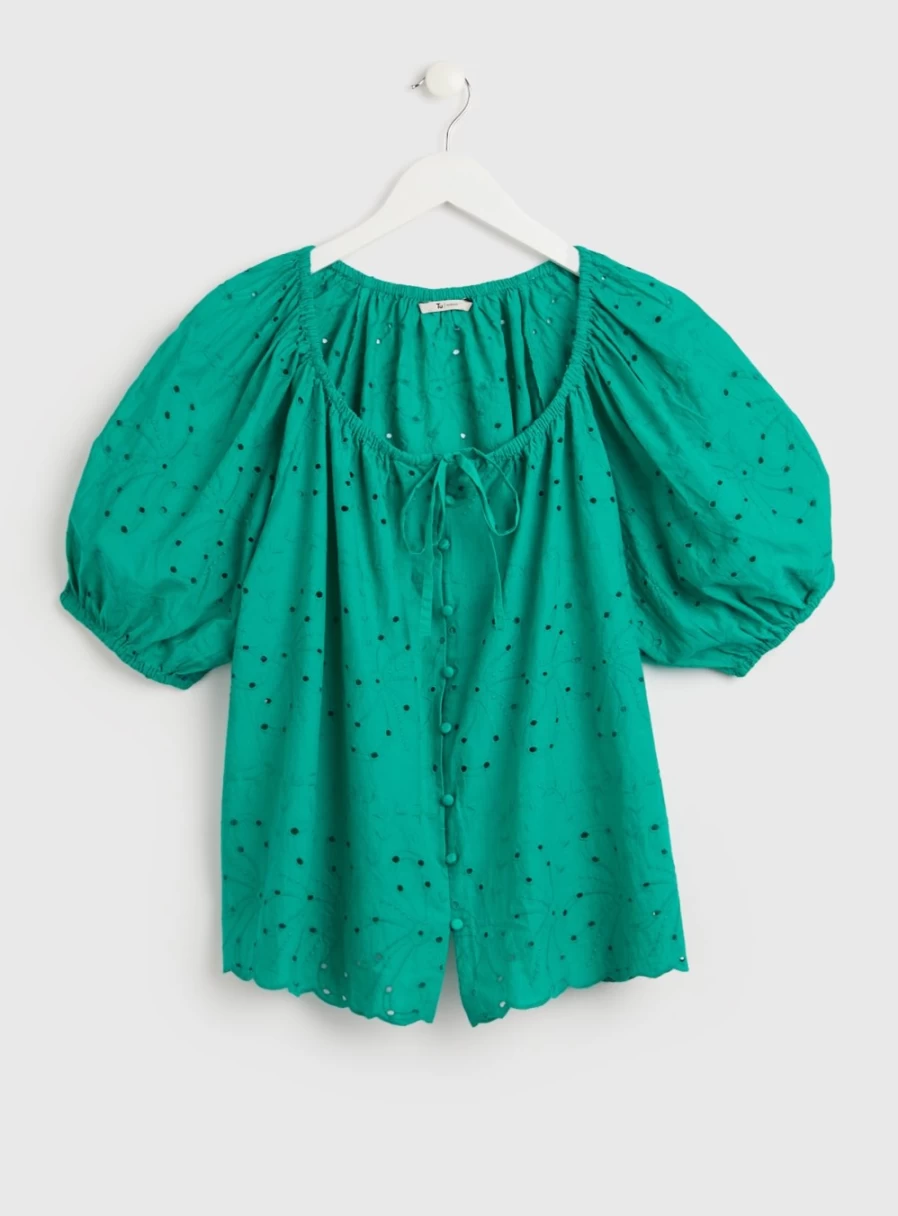 Tu Women's Green Broderie Puff Sleeve Blouse - Floral Embroidered Top with Coordinated Design, Size 14