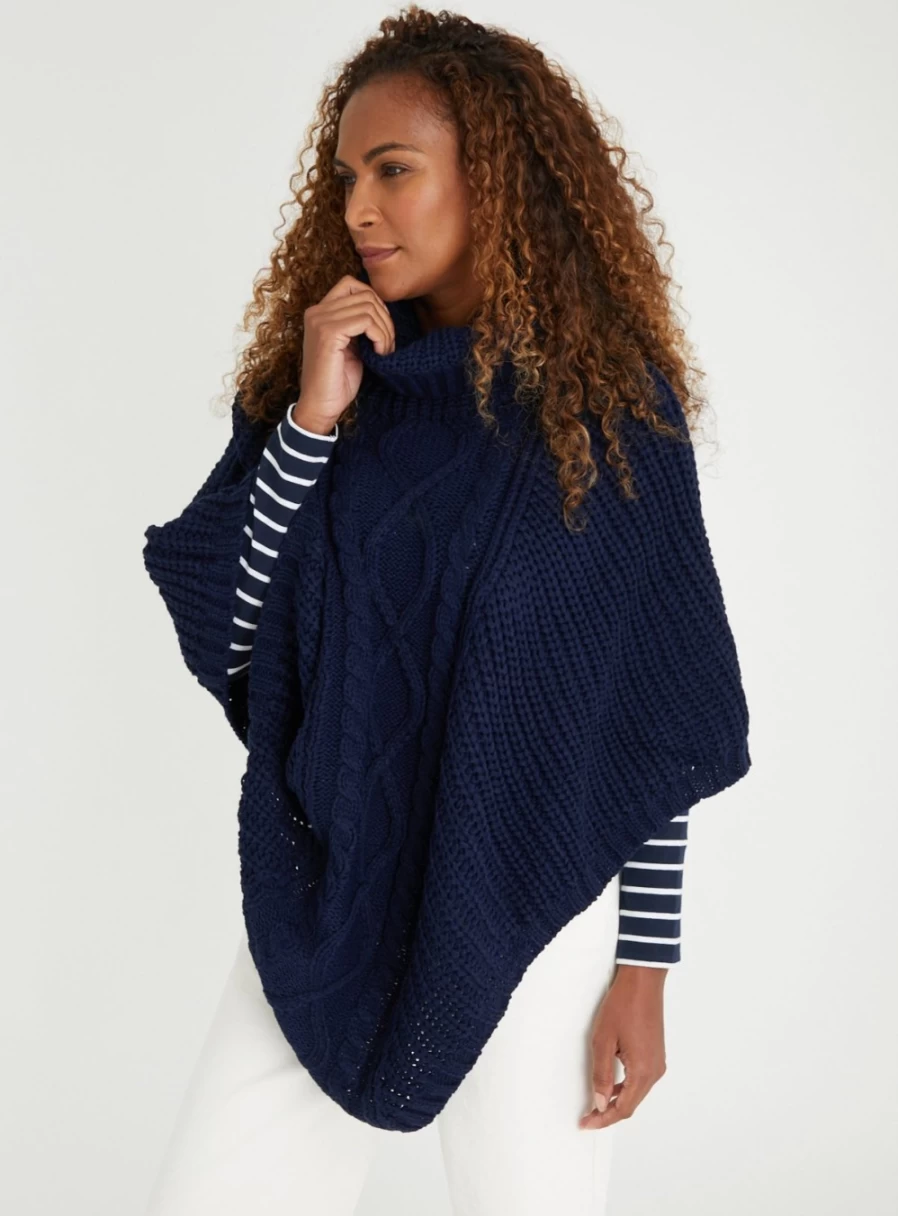 "Tu Women's Navy Blue Cable Knit Poncho with Cowl Neck - One Size Fits All"