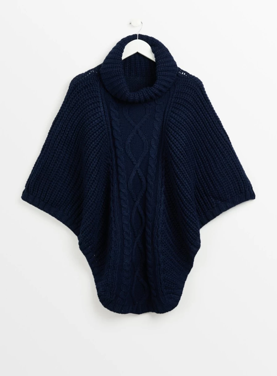 "Tu Women's Navy Blue Cable Knit Poncho with Cowl Neck - One Size Fits All"