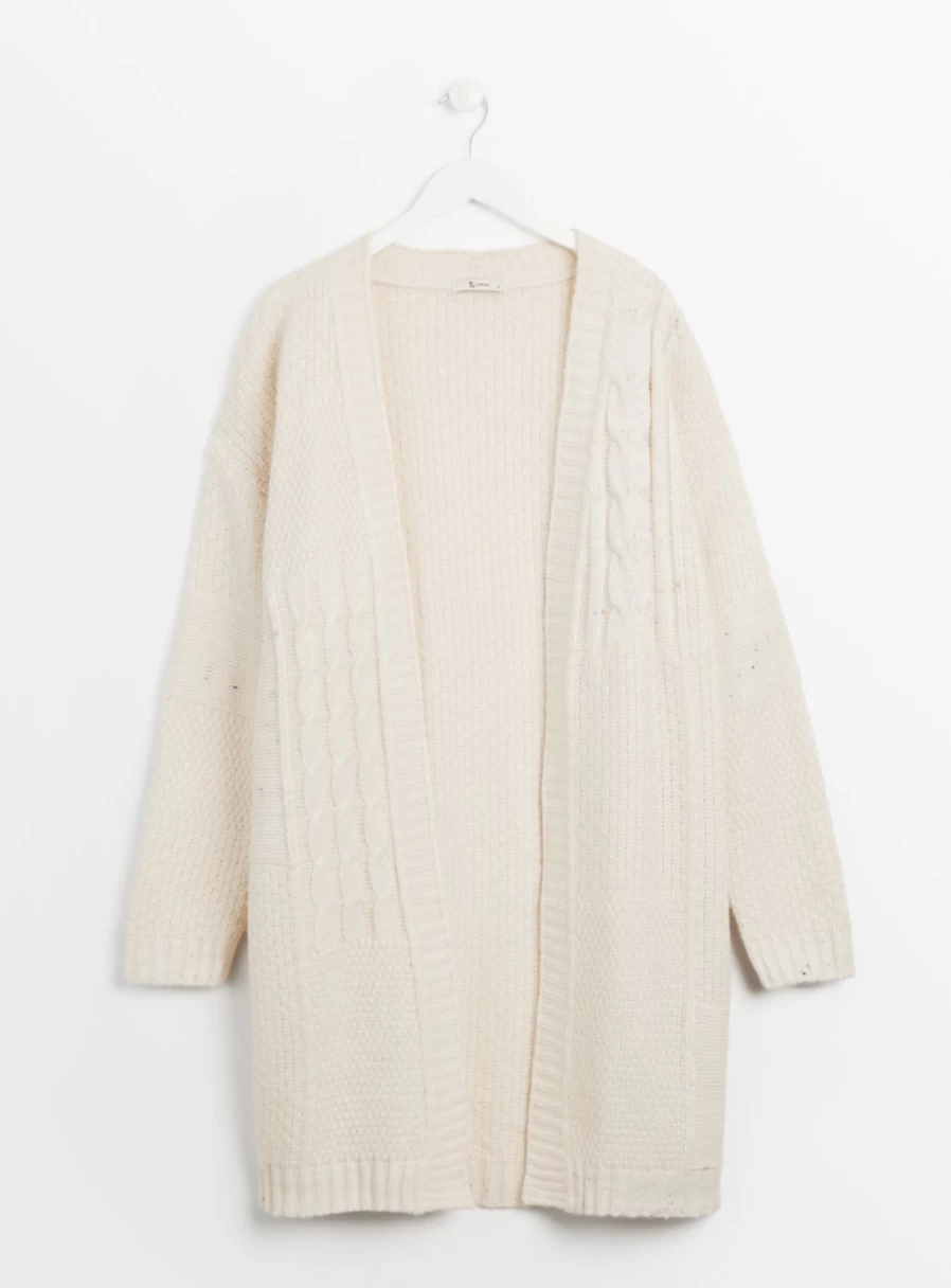 Tu Women's Cream Patchwork Cable Knit Longline Cardigan - Cozy Oversized Sweater 18