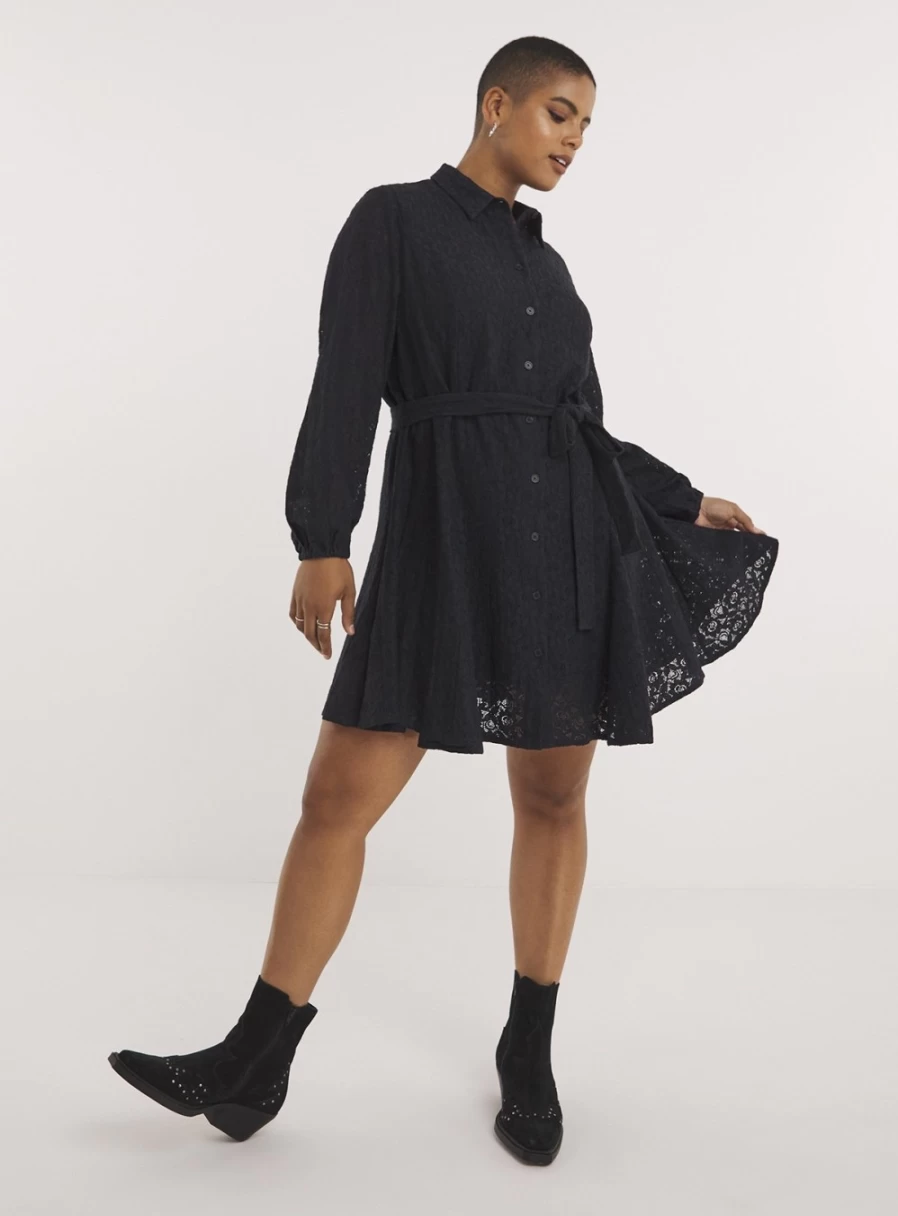 Simply Be Women's Black Lace Godet Skater Dress - Elegant Flared Fit, Size 24