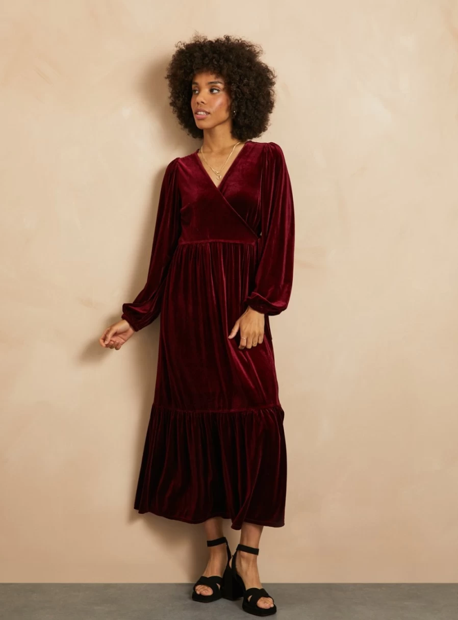 Everbelle Women's Dark Red Velvet Wrap Dress - Size 16 Elegant Evening Gown