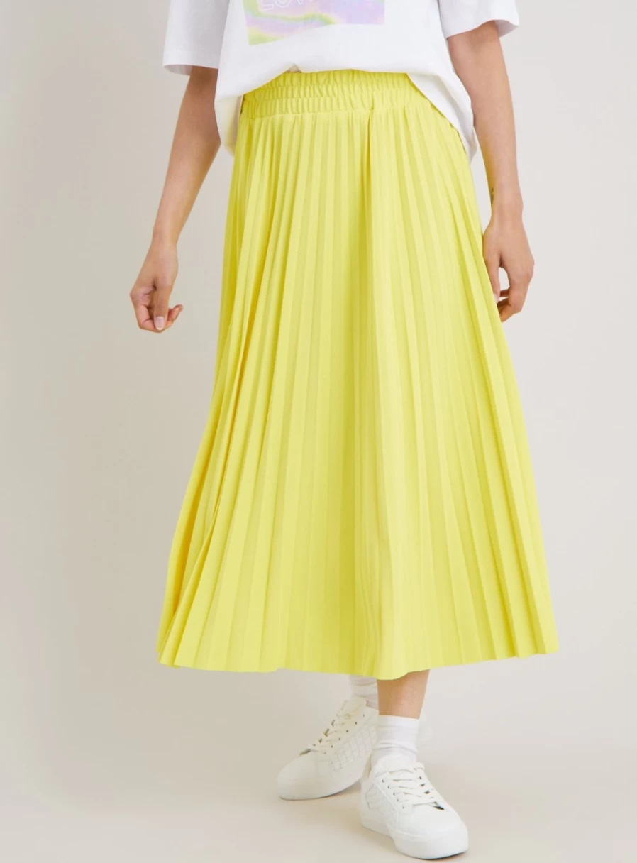 Tu Women's Yellow Pleated Textured Skirt - Stylish High Waist A-Line Midi Skirt for Casual Wear