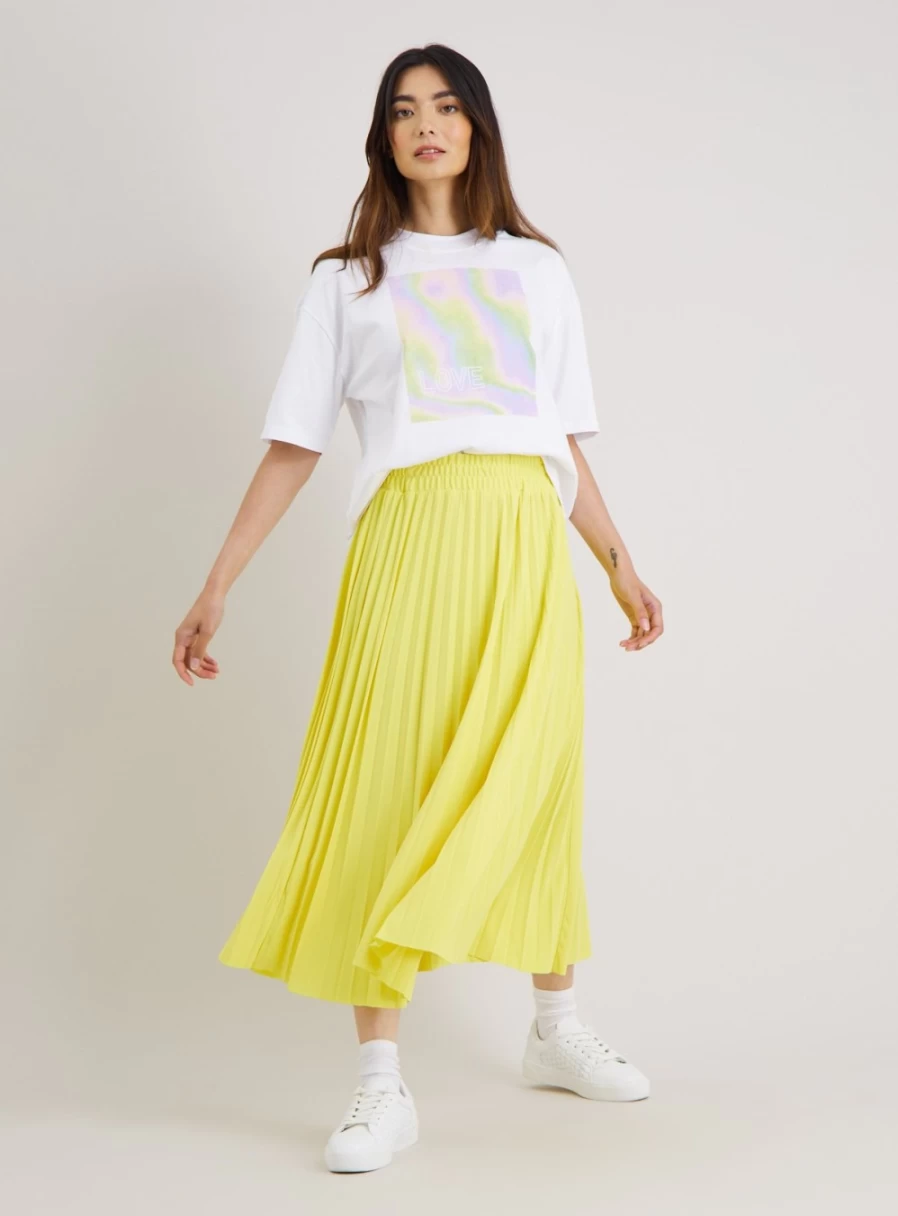 Tu Women's Yellow Pleated Textured Skirt - Stylish High Waist A-Line Midi Skirt for Casual Wear