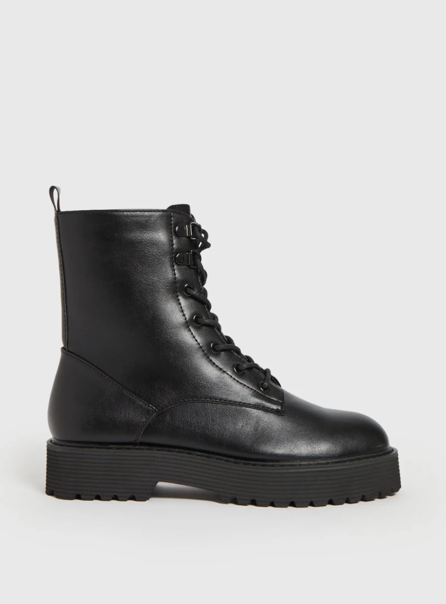 Tu Women's Black Faux Leather Lace-Up Ankle Boots Chunky Heel Fashion Boots