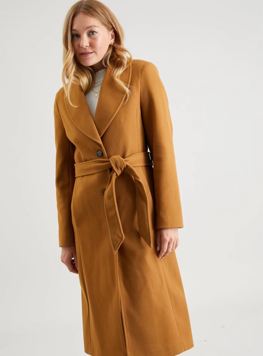 Tu Women's Tan Shawl Collar Tailored Wool Blend Coat - Elegant Single-Breasted Winter Overcoat Size 14