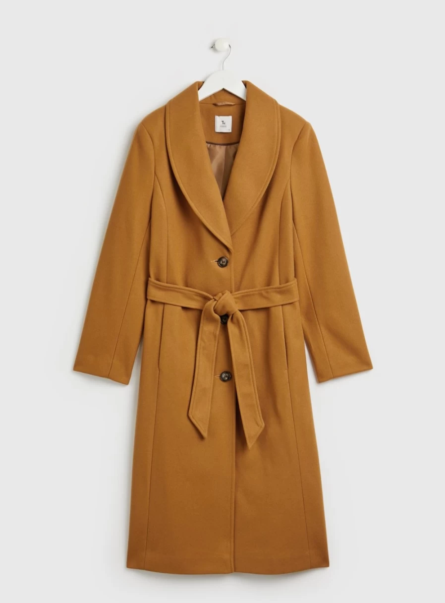 Tu Women's Tan Shawl Collar Tailored Wool Blend Coat - Elegant Single-Breasted Winter Overcoat Size 14