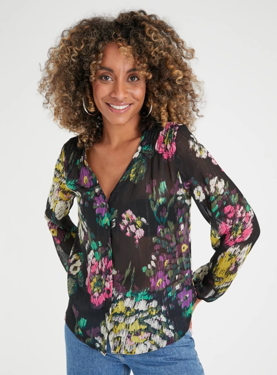 Tu Women's Painterly Floral Print Chiffon Blouse - Elegant Flowy Top for Casual Wear