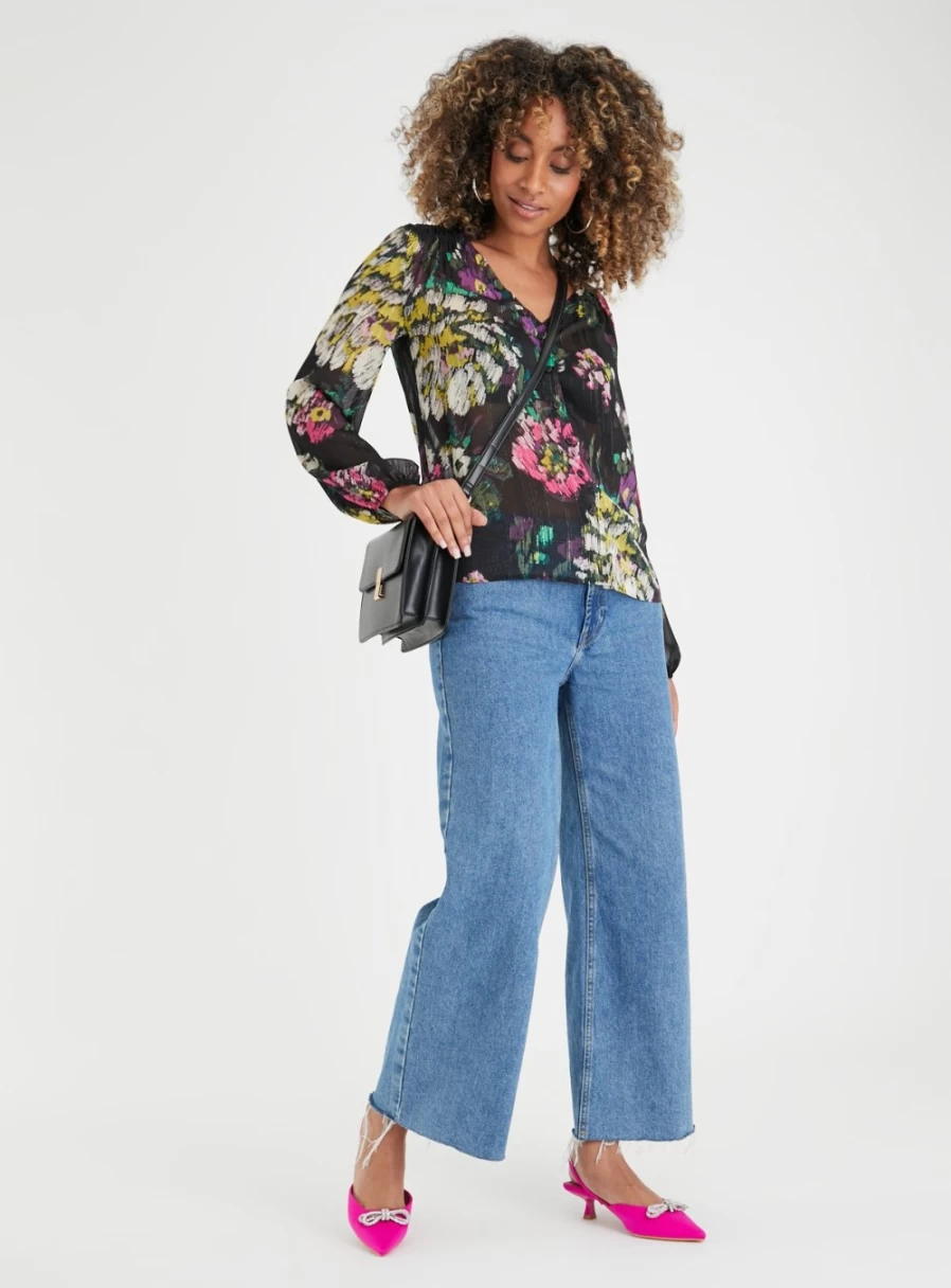 Tu Women's Painterly Floral Print Chiffon Blouse - Elegant Flowy Top for Casual Wear