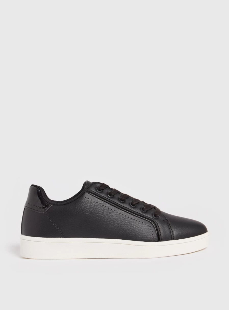 Women's Black Faux Leather Lace-Up Sneakers - TU Cupsole Trainers Size 8