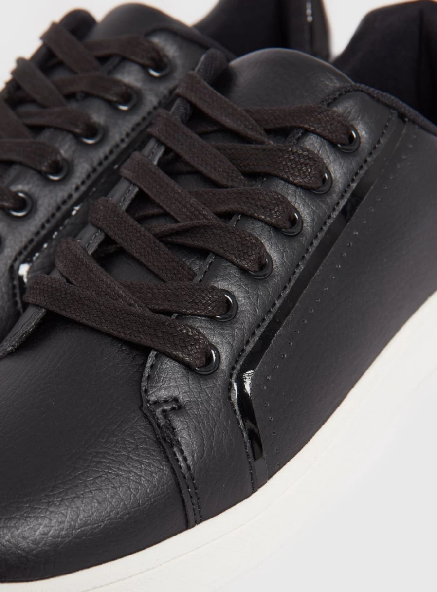 Women's Black Faux Leather Lace-Up Sneakers - TU Cupsole Trainers Size 8