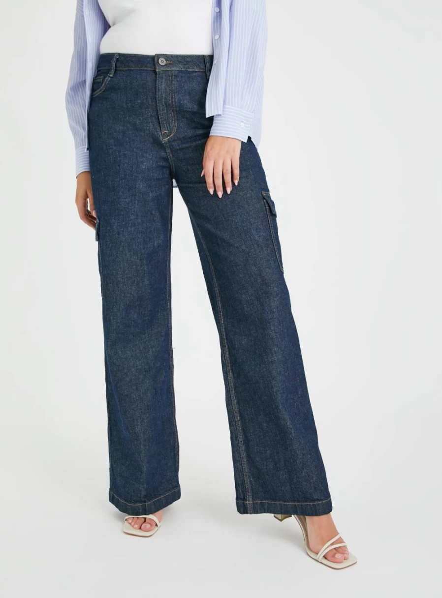 Tu Women's Dark Wash Wide Leg Cargo Denim Jeans - 8S High Waist Comfort Fit