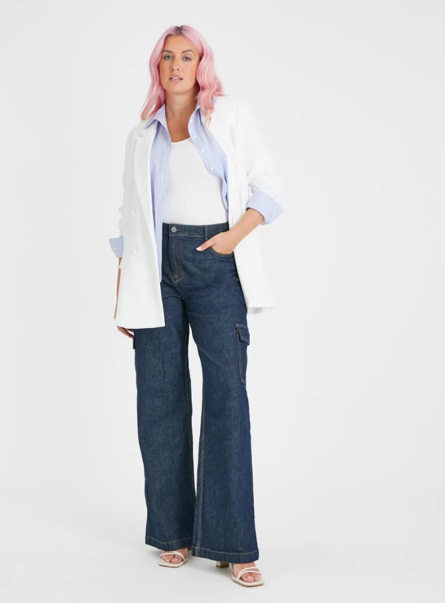 Tu Women's Dark Wash Wide Leg Cargo Denim Jeans - 8S High Waist Comfort Fit