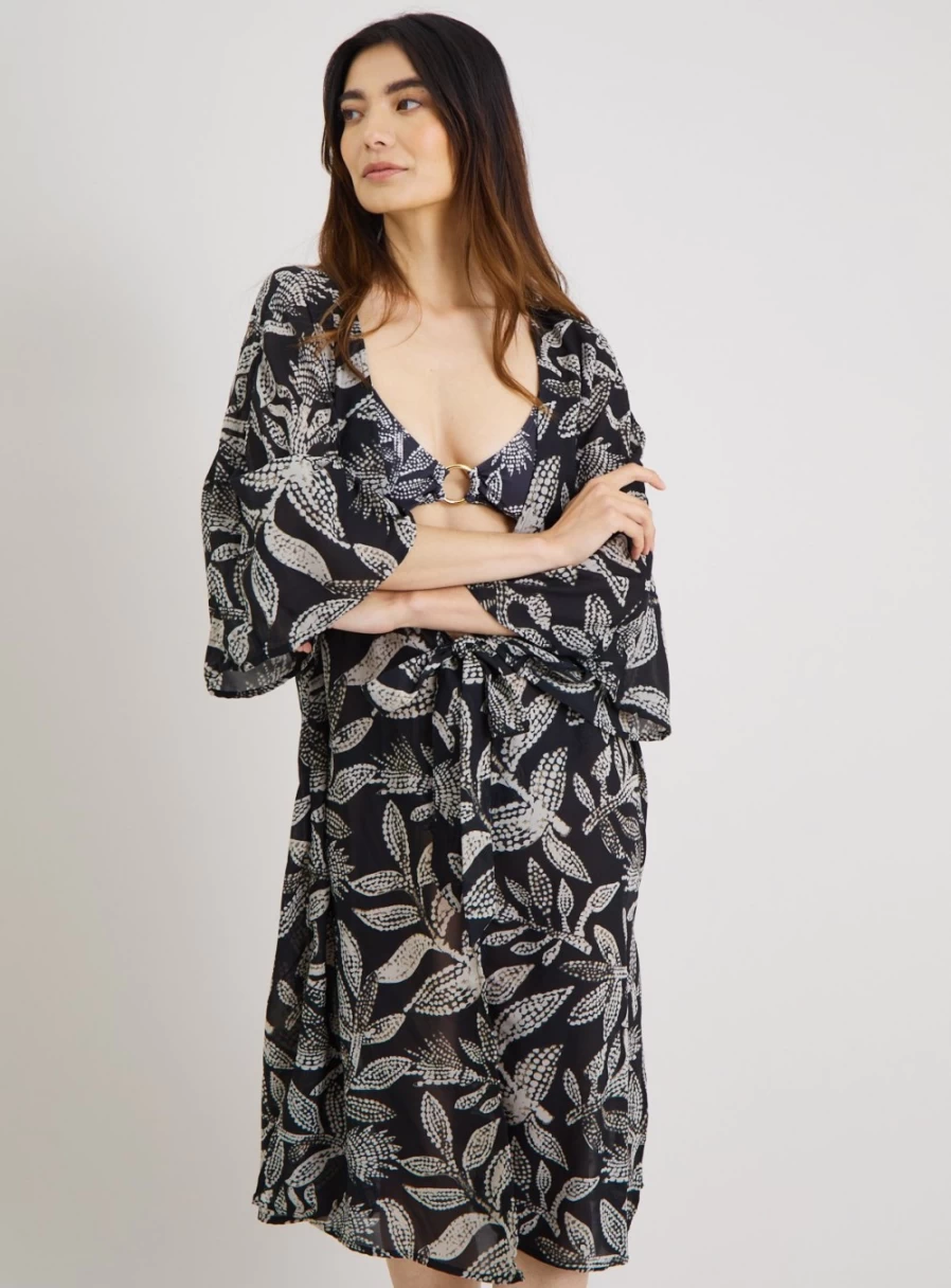 Tu Women's Mono Leaf Print Long Line Cover Up Swimsuit Beachwear - XS
