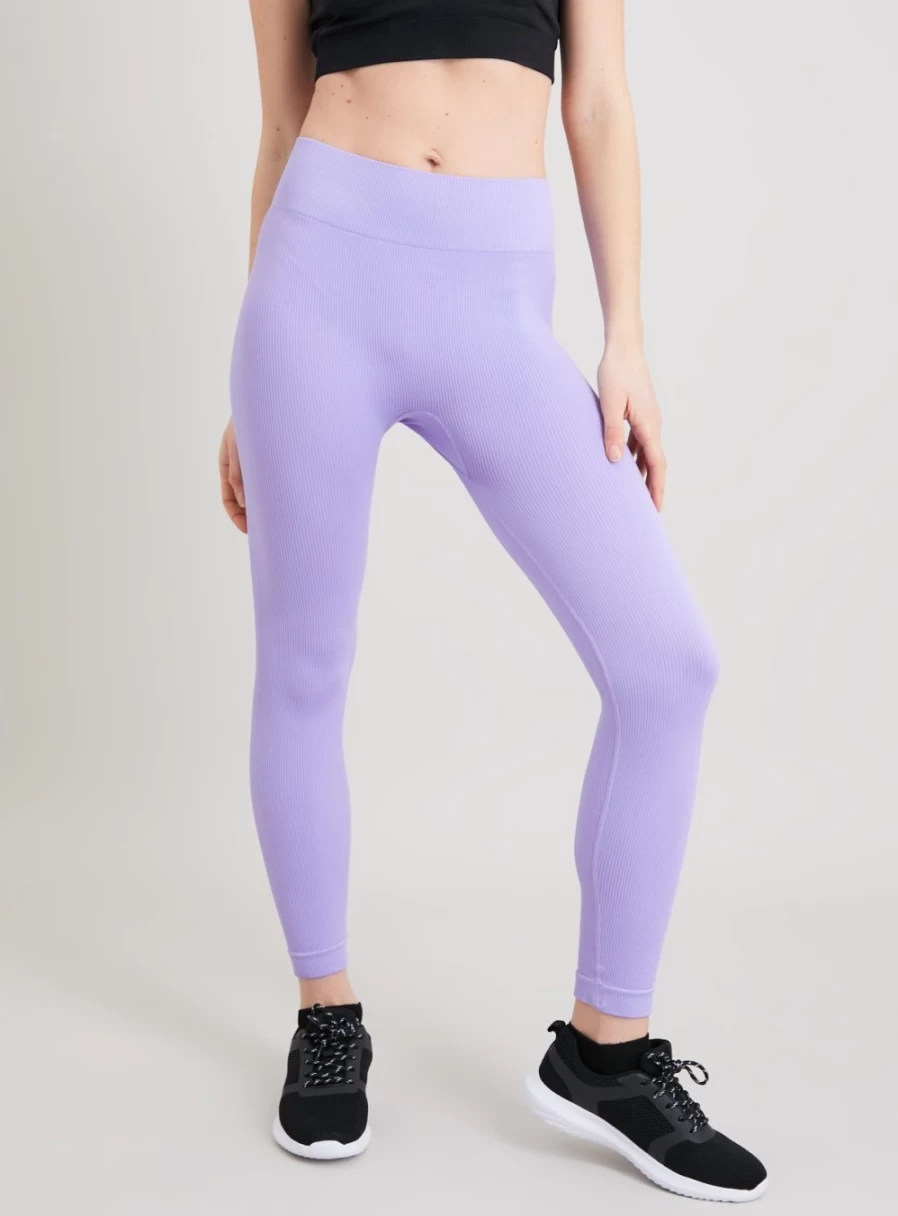 Tu Women's Active Lilac Seamless Ribbed Leggings - Medium, High-Waist Yoga Pants for Workout & Comfort