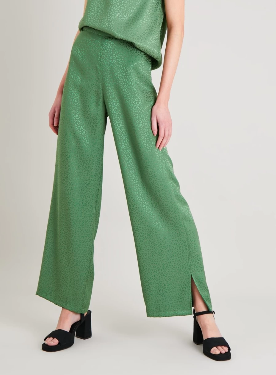 Tu Women's Green Satin Jacquard High-Waist Trousers - Elegant 20R Palazzo Pants for Wedding & Evening Wear