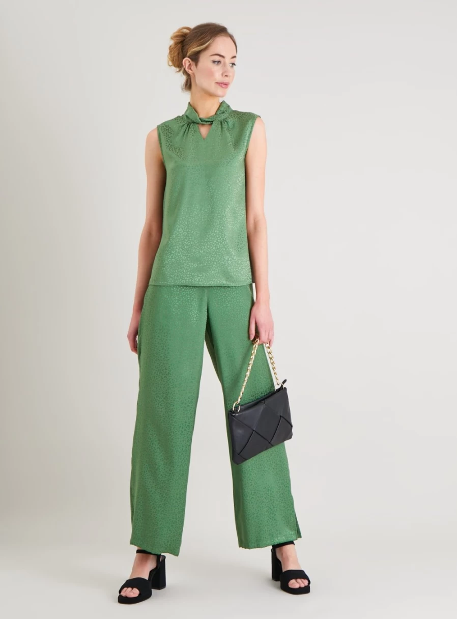 Tu Women's Green Satin Jacquard High-Waist Trousers - Elegant 20R Palazzo Pants for Wedding & Evening Wear