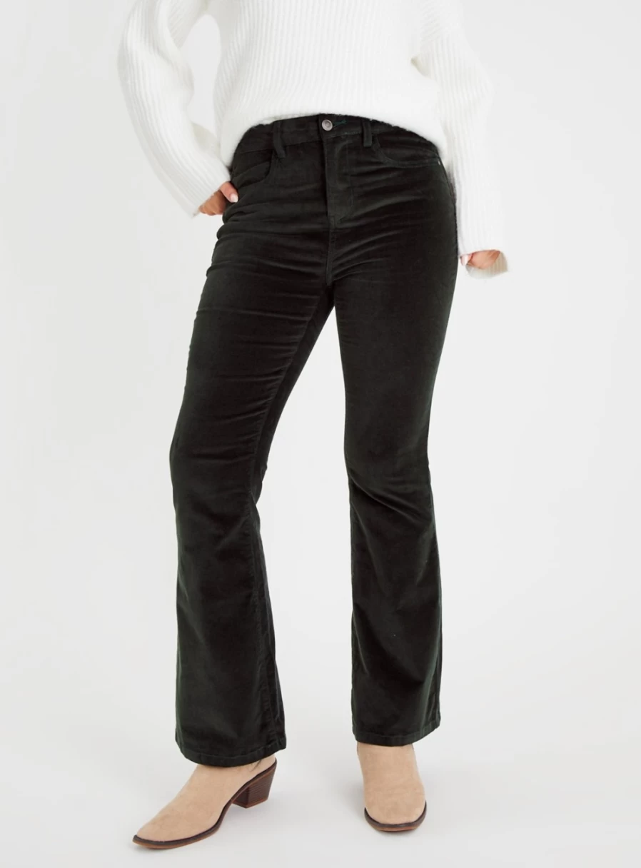 Women's Khaki High-Waisted Kickflare Trousers by Tu - Stretch Corduroy Pants Size 16