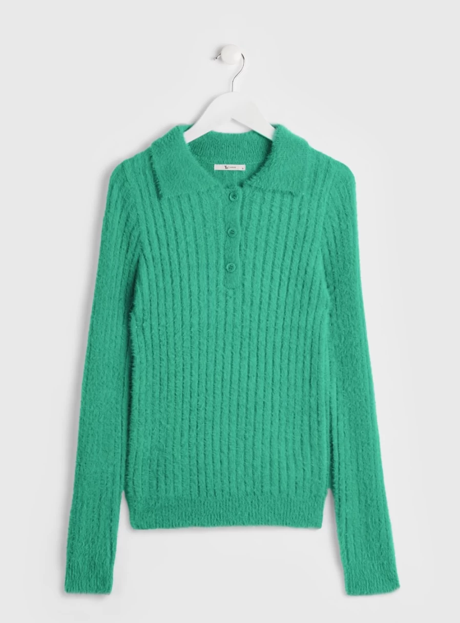 Tu Women's Teal Knit Collared Jumper with Eyelash Detail - Size 14