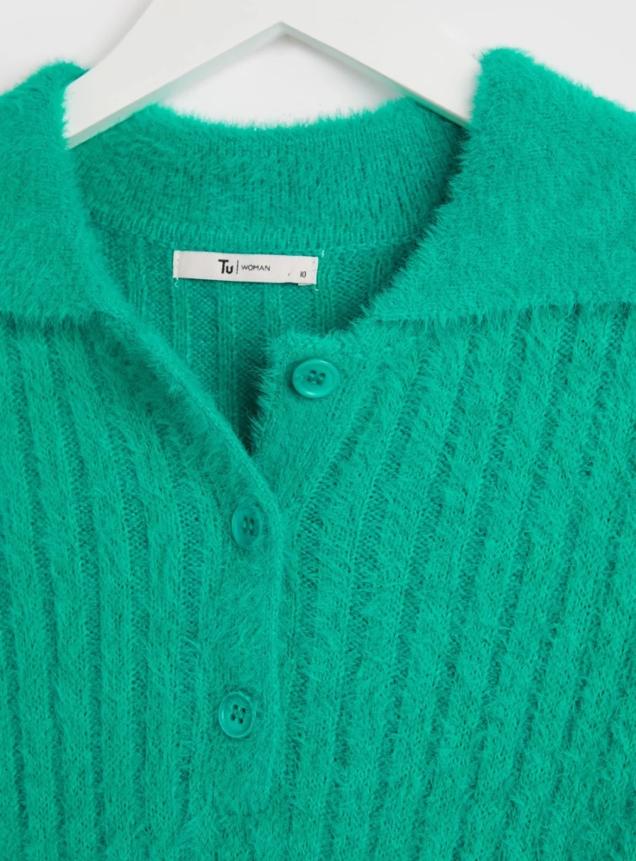 Tu Women's Teal Knit Collared Jumper with Eyelash Detail - Size 14