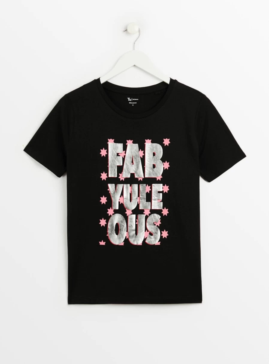 "Tu Women's Christmas Black Fab-Yule-Ous T-Shirt - Festive Holiday Graphic Tee"