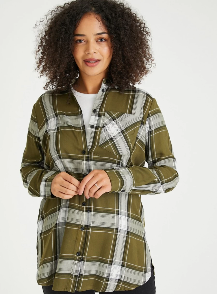 Women's Khaki Check Longline Shirt by Tu - Stylish Oversized Plaid Top for Casual Wear