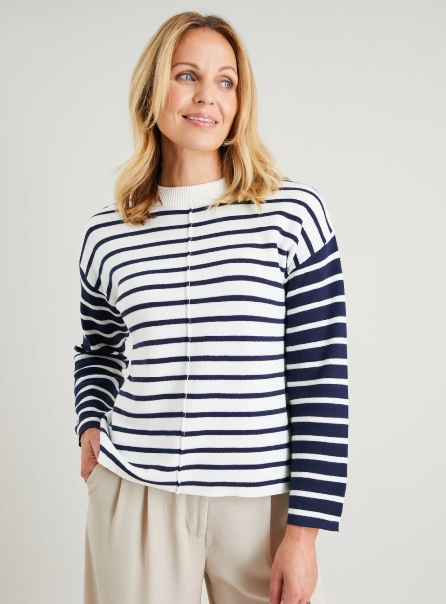Tu Women's Navy Blue Striped Long Sleeve Knit Jumper Sweater Size 14