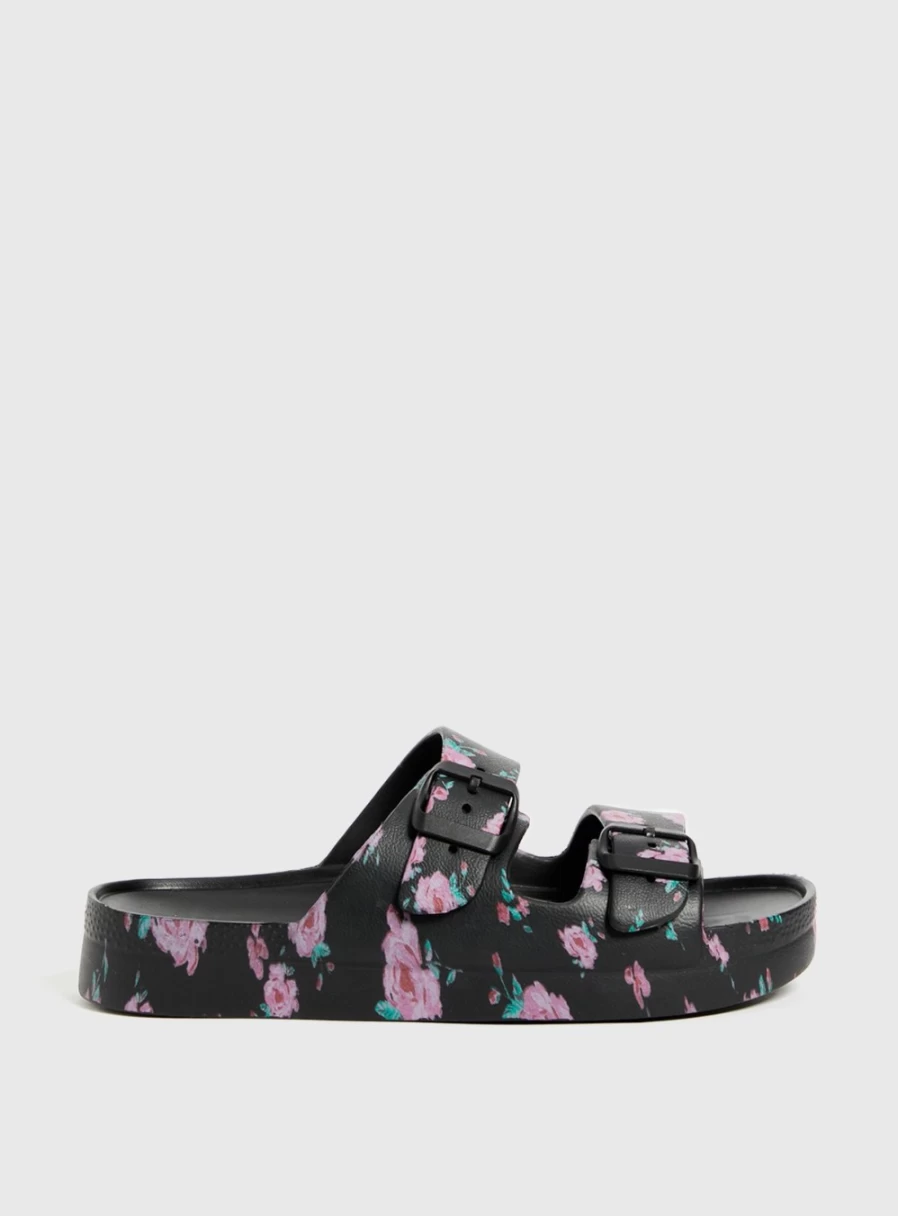Tu Women's Black Rose Print Double Strap Pool Slides - Comfortable Summer Sandals