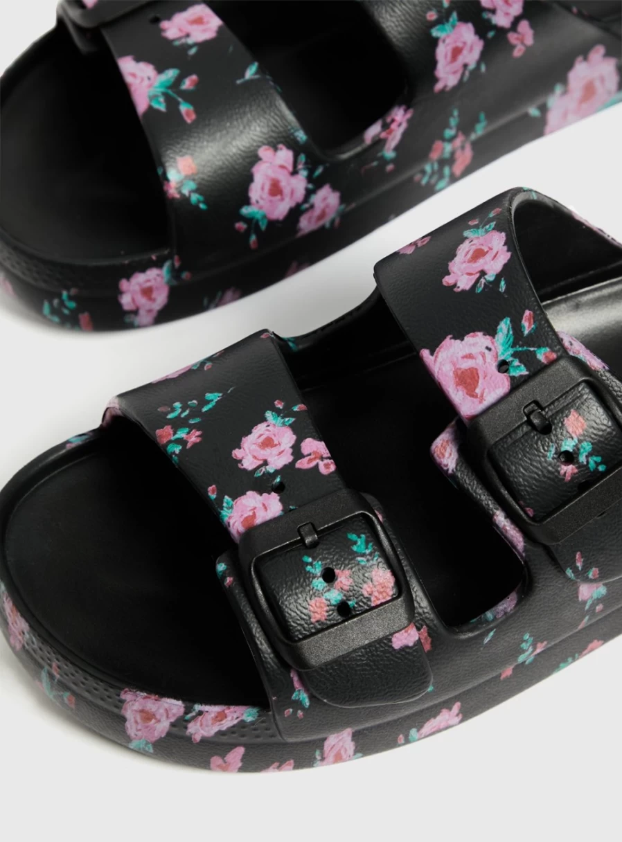 Tu Women's Black Rose Print Double Strap Pool Slides - Comfortable Summer Sandals