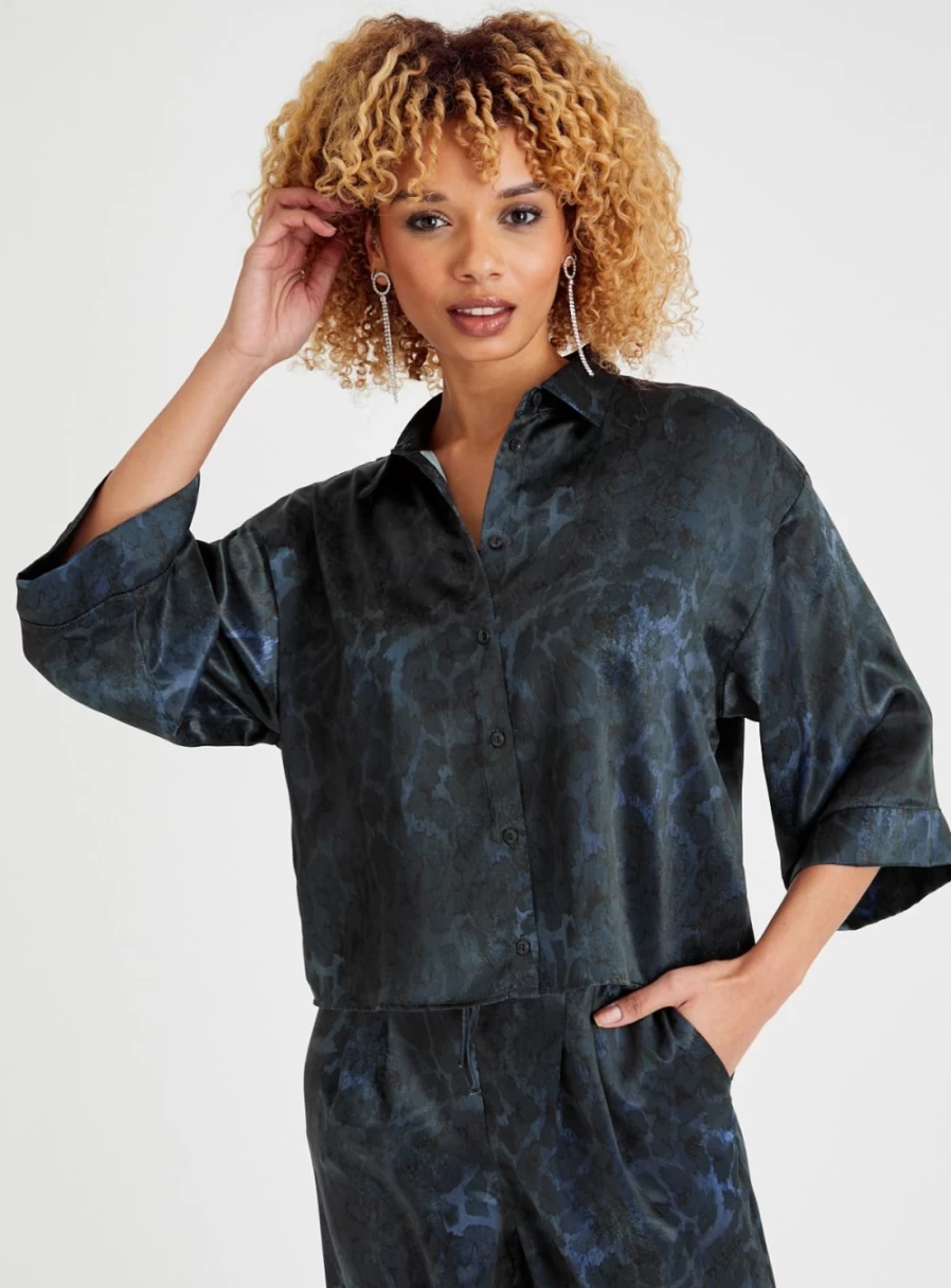 Tu Women's Animal Print Boxy Fit Satin Shirt - Stylish 14" Length Top