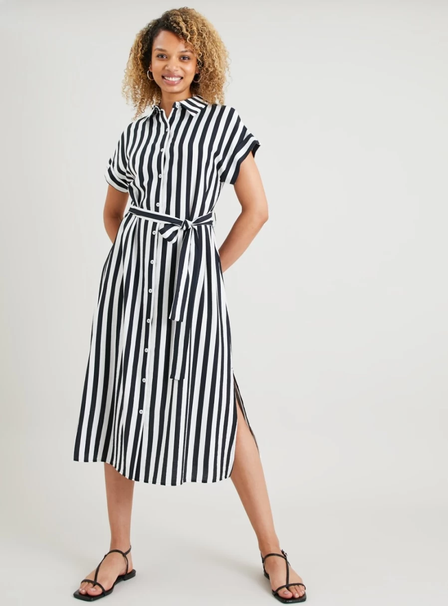 Tu Women's Mono Stripe Midi Shirt Dress - Classic 10 Style Casual Wear
