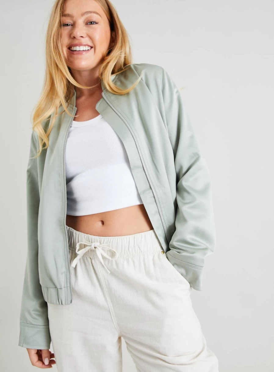 Tu Women's Green Satin Bomber Jacket - Stylish 16 Lightweight Outerwear
