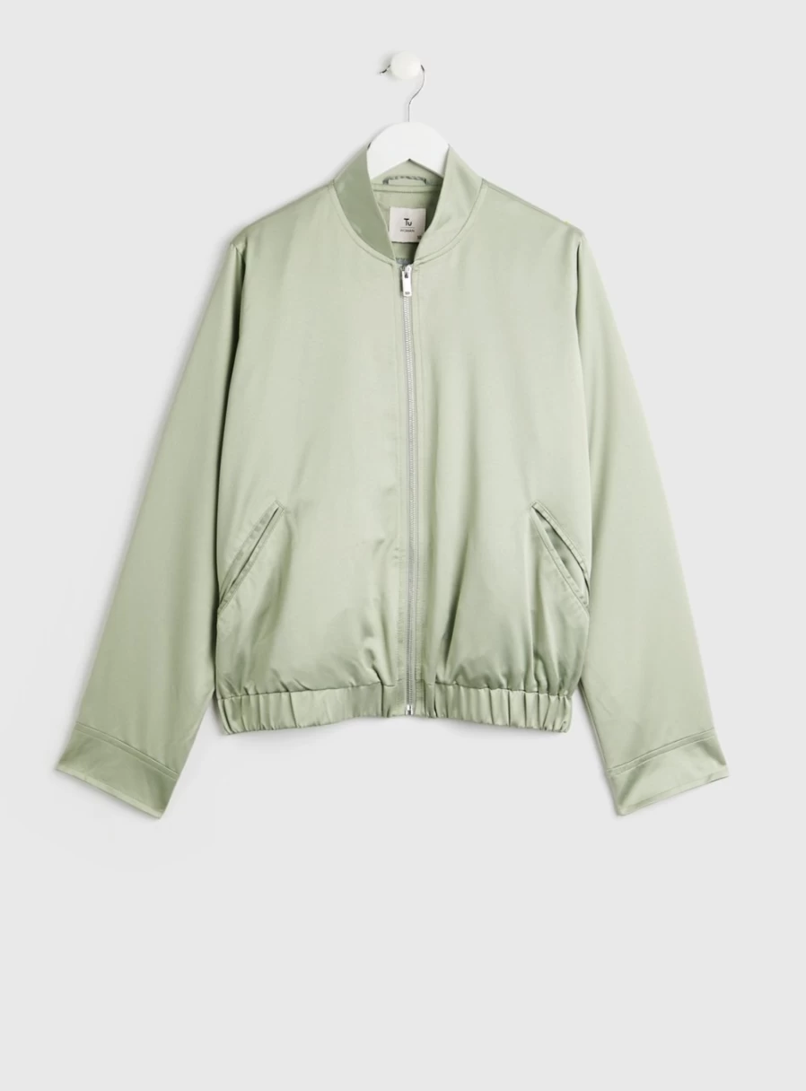 Tu Women's Green Satin Bomber Jacket - Stylish 16 Lightweight Outerwear