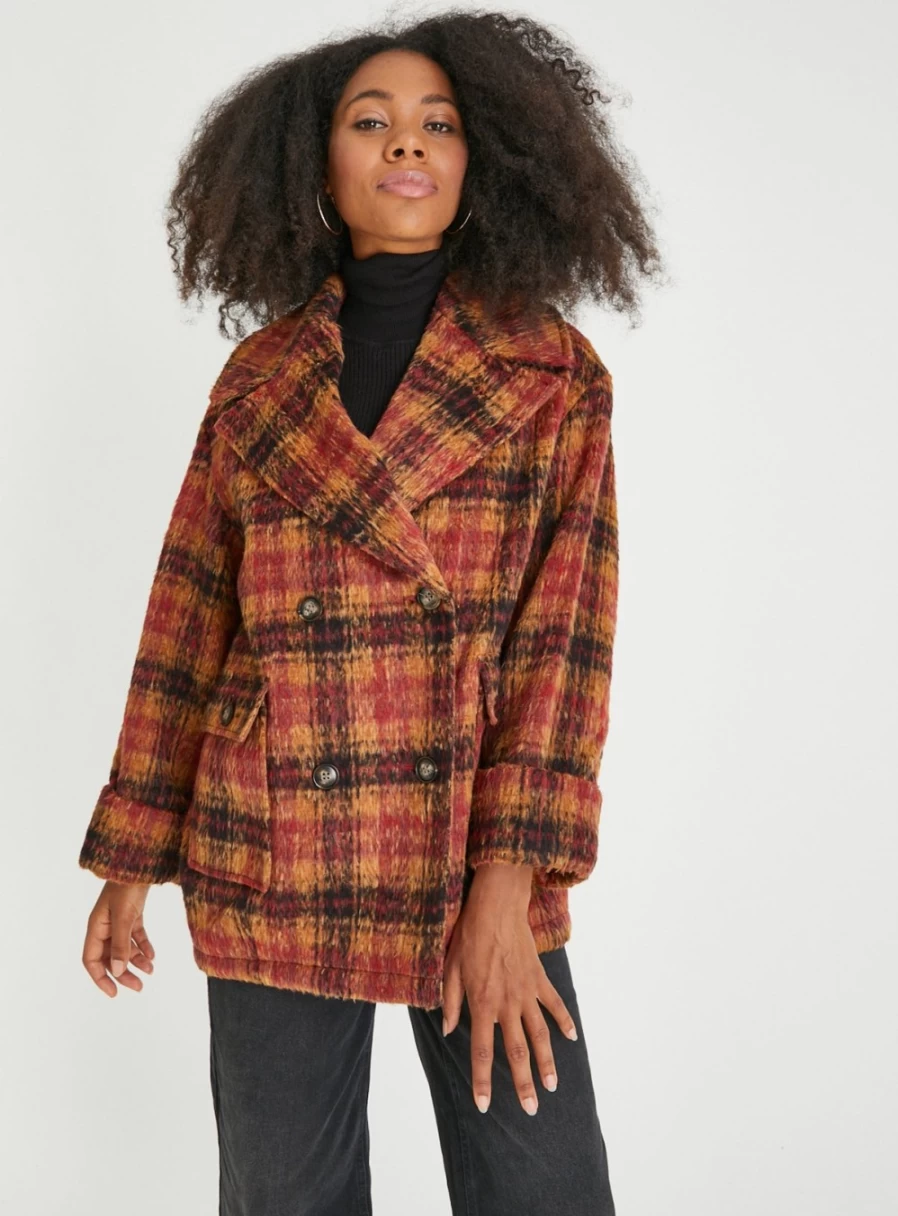 Tu Women's Ginger Check Double Breasted Short Coat 2022 Fashion Winter Outerwear