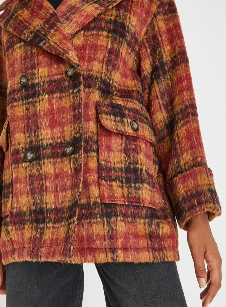 Tu Women's Ginger Check Double Breasted Short Coat 2022 Fashion Winter Outerwear