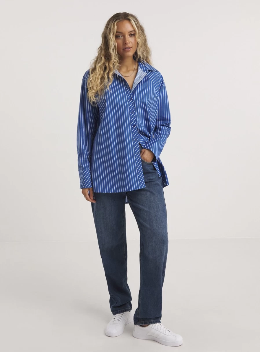 Simply Be Women's Blue & White Striped Relaxed Fit Casual Shirt - Size 30