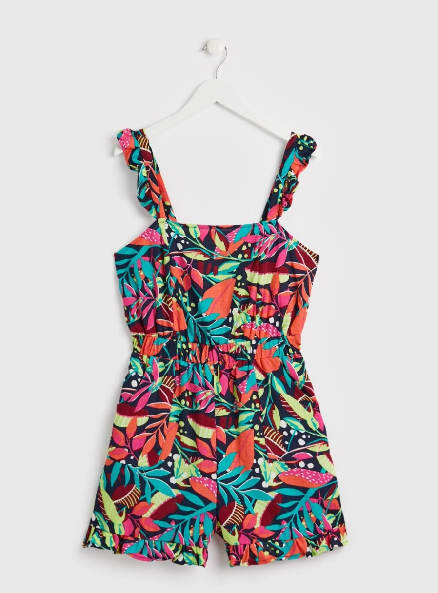 Tu Women's Bright Tropical Leaf Print Frill Short Playsuit - Summer Beach Romper