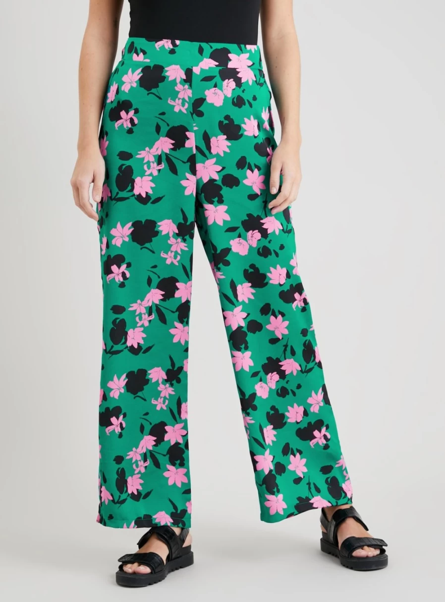 "Tu Women's Green Coord Floral Print Palazzo Satin Trousers - 20R High Waist Wide Leg Pants"