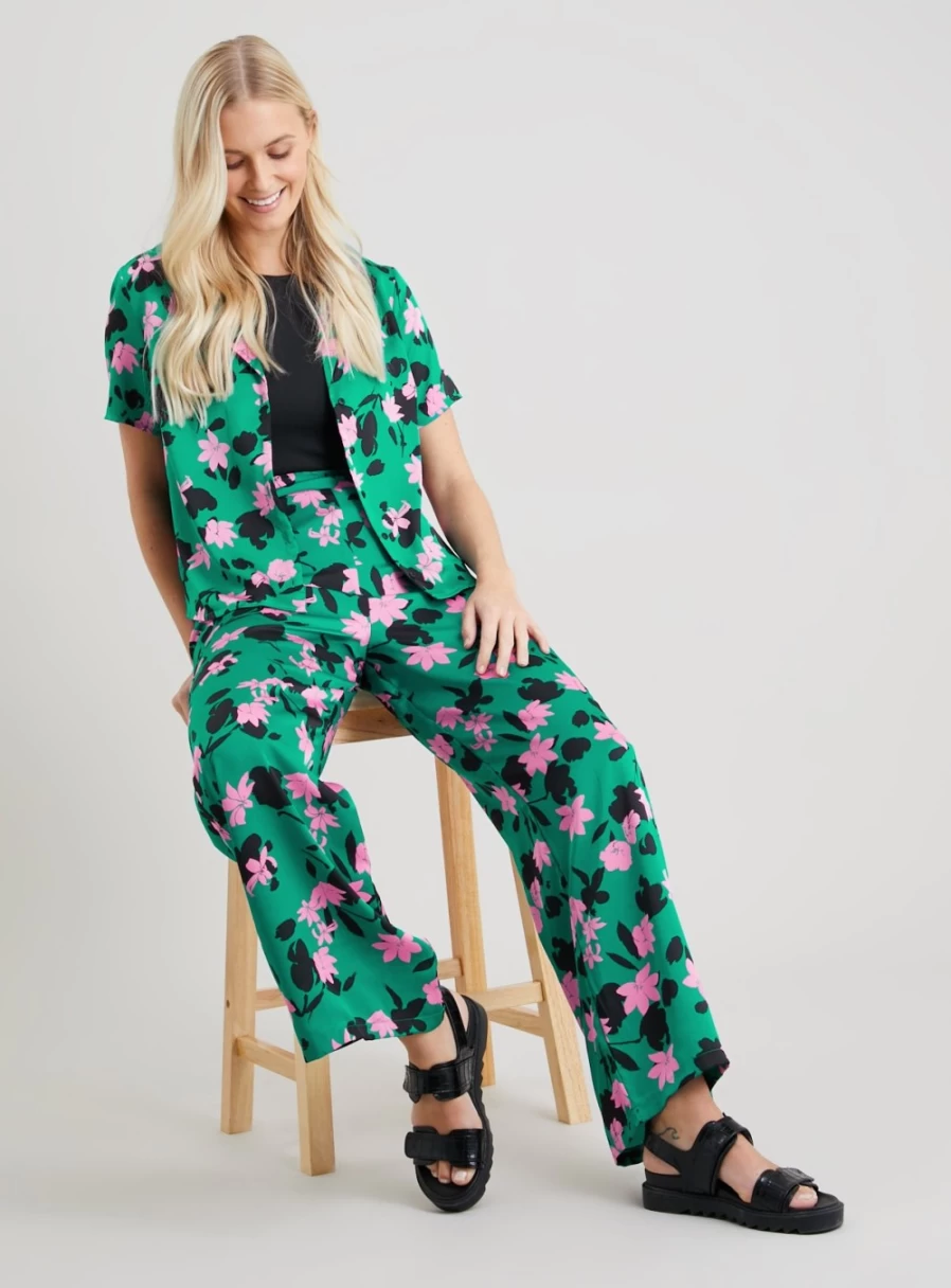 "Tu Women's Green Coord Floral Print Palazzo Satin Trousers - 20R High Waist Wide Leg Pants"