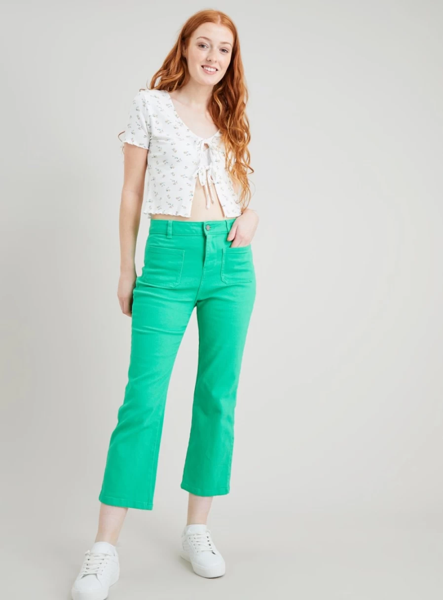 Tu Women's Green High-Waist Cropped Kickflare Jeans - 18R Stretch Denim Trendy Retro Fit